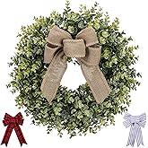 Pansu 19 Inch Boxwood Wreath, 3 Different Bows,Artificial Spring, Summer, Fall, or Winter Wreath ,Weatherproof Indoor/Outdoor Wreaths for Front Door