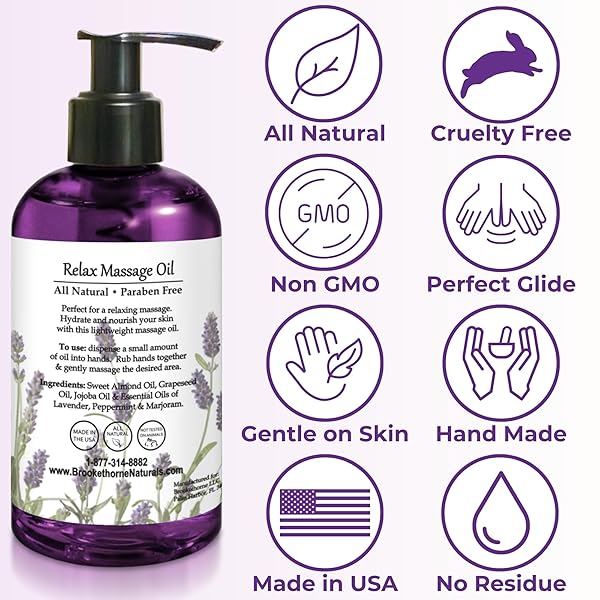 RELAX THERAPEUTIC BODY MASSAGE OIL – WITH BEST ESSENTIAL OILS FOR SORE MUSCLES & STIFFNESS – LAVENDER, PEPPERMINT & MARJORAM – ALL NATURAL – WITH SWEET ALMOND, GRAPESEED & JOJOBA OIL 8OZ