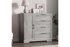 IDEALHOUSE 43.3'' H Armoire Wardrobe Closet with 4 Drawers and Hanging Rod, Multifunctional Wood 4 Drawers Dresser with Storage Closet, Clothing Storage Cabinets for Bedroom, Gray