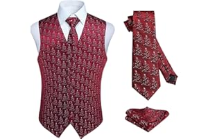 HISDERN Men's Suit Vest Christmas Holiday Season Party Jacquard Waistcoats Necktie Pocket Square Vest Suit Set
