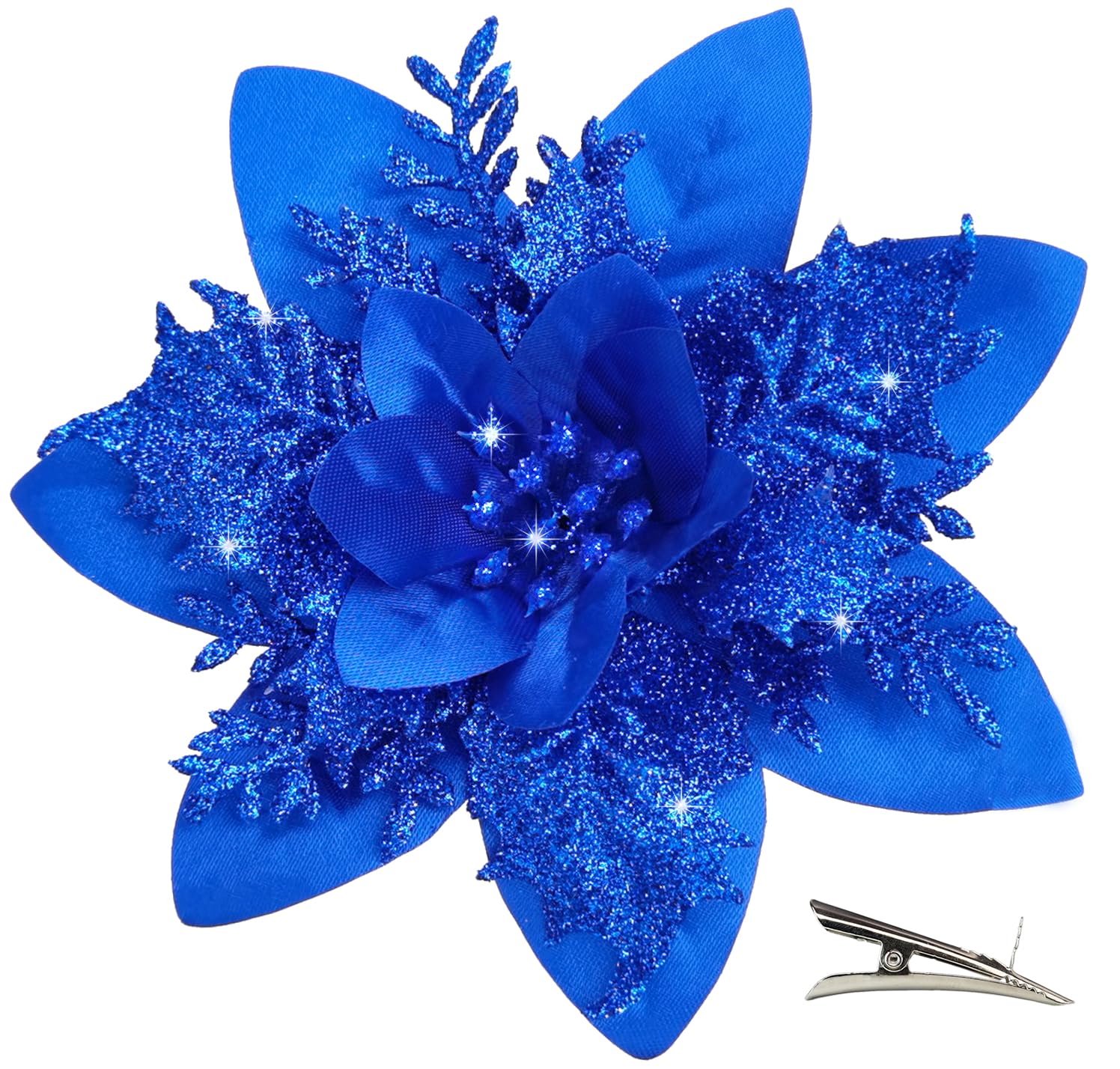 MIKAILE 20PCS Christmas Flowers Artificial with Clip, Poinsettia Christmas Decorations with Glitter for Christmas Tree Decorations DIY Ornaments Garland Wreaths (Blue)