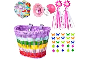 Suerico Girls' Bike Basket - Rainbow Woven, Horn, Streamers & Stickers, Wheel Decoration Set