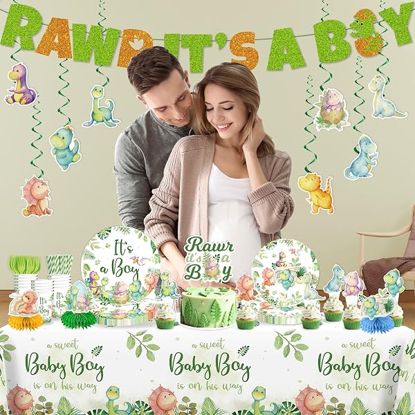 DINOSAUR BABY SHOWER DECORATIONS WITH CAKE TOPPER, HONEYCOMB CENTERPIECES, 25 SERVES DISPOSABLE TABLEWARE SET, BANNER PLATES, NAPKINS, CUP TABLE CLOTH, FOR BABY SHOWER DECORATIONS BOY