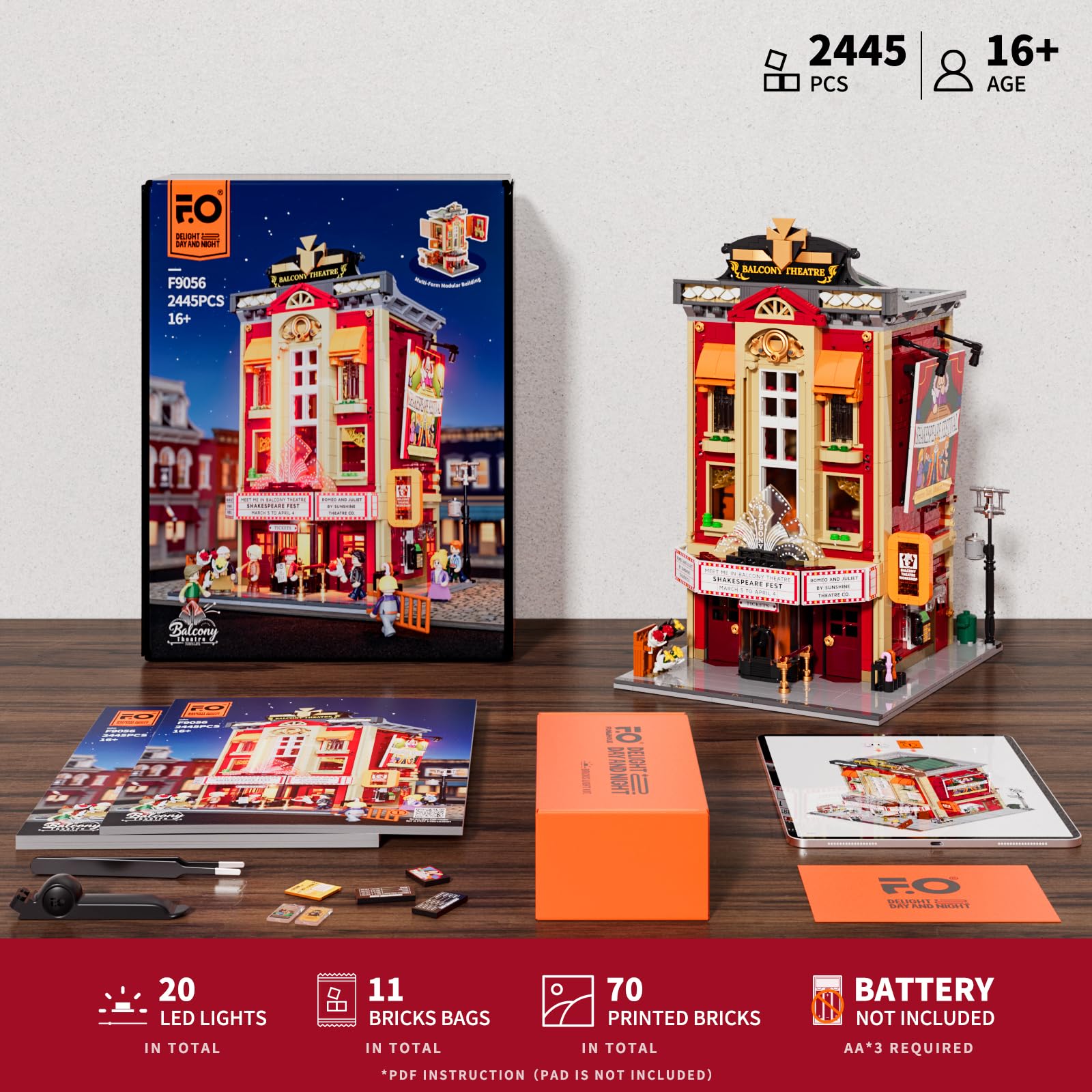 FUNWHOLE Balkon-Theater Beleuchtung Klemmbausteine Haus – mit Szene aus einem Klassischen Shakespeare-Stück, 2445 Pcs, Sammler-Set&Kreatives Stadt-Haus-Modell für Erwachsene & Jugendliche,F9056 7