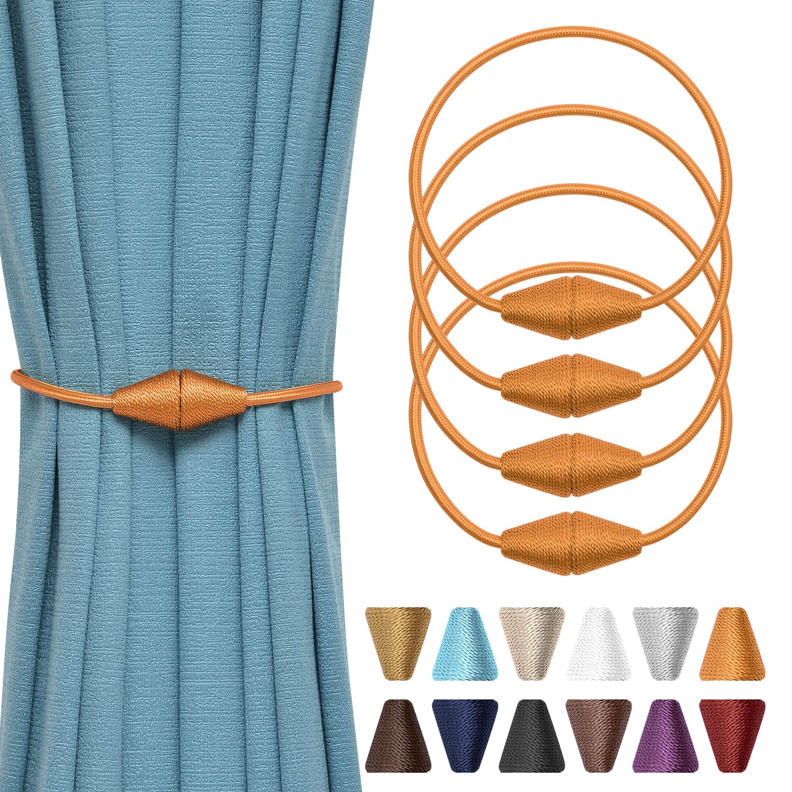 Pretty Jolly 4 Pack Upgrade Magnetic Curtain Tiebacks Handmade Weave Rope Curtain Holdbacks Convenient Decorative Cone Curtain Drape Tie Backs for Home & Office Window Drapery (Orange)