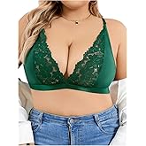 MakeMeChic Women's Plus Size Lace Bralette Wireless Bra Deep V Neck Full Coverage Sheer Bralettes