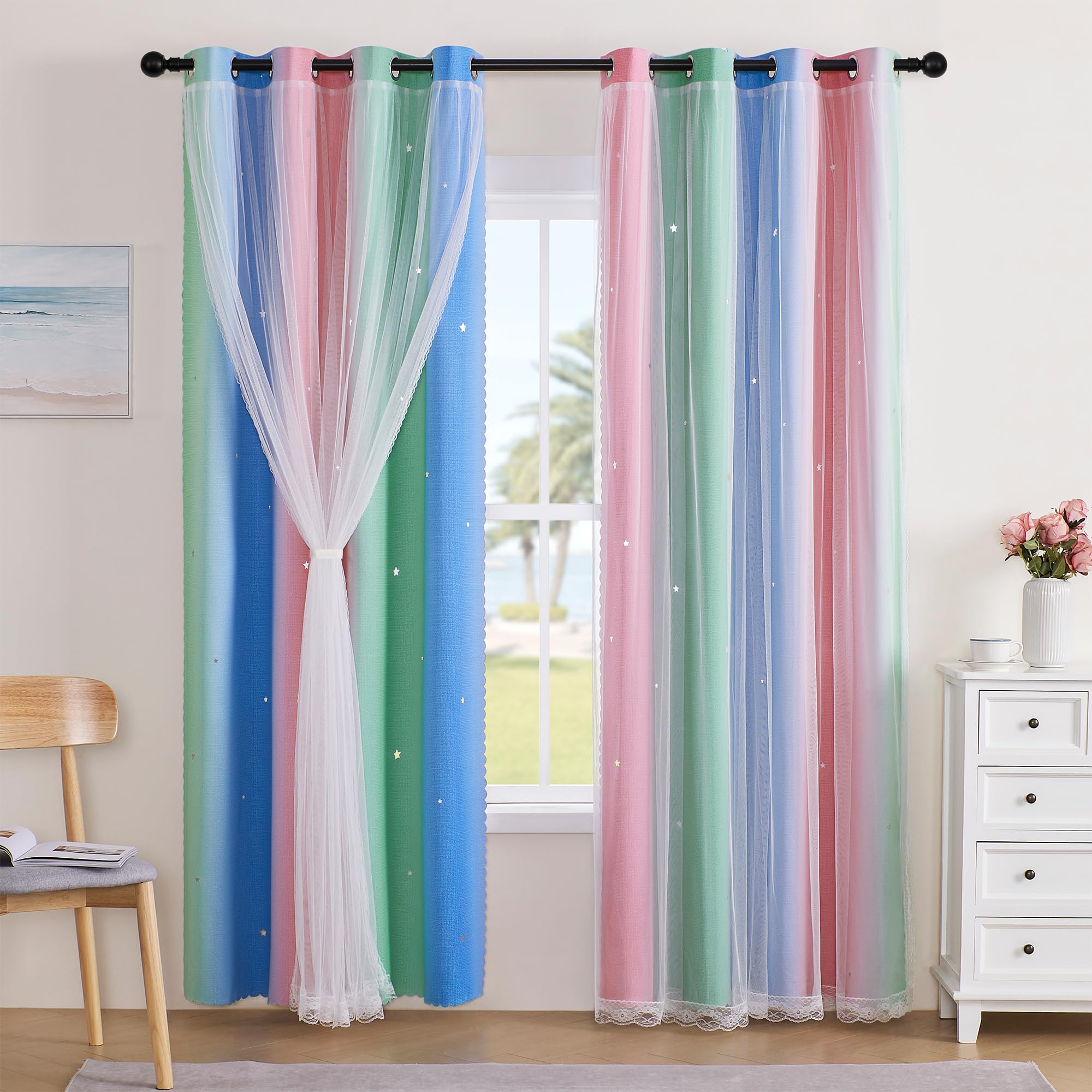 XiDi Curtains for Bedroom Decor, Rainbow Pink GreenBlue52/90/1 Image