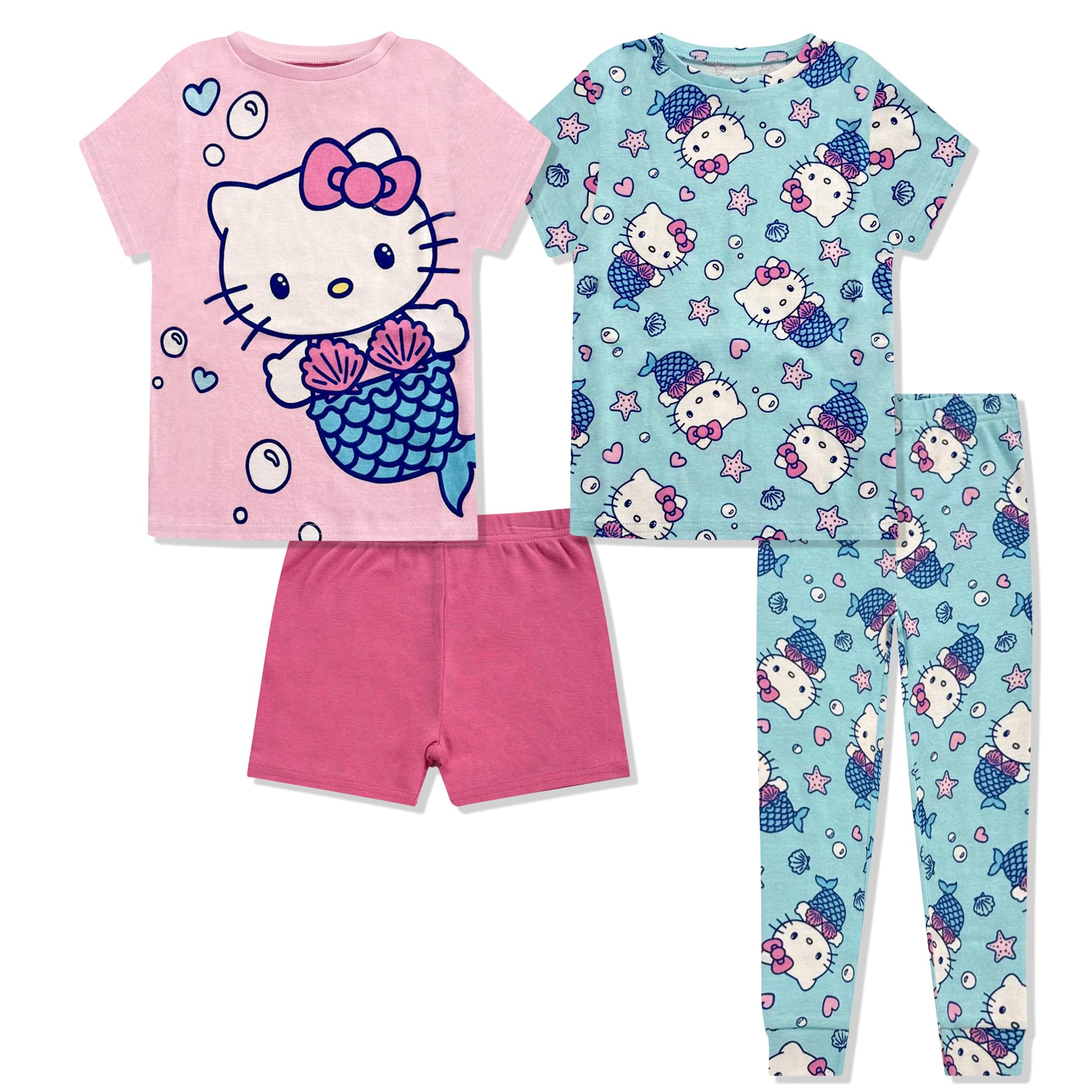 Photo 1 of **** ONLY ONE SET **** Hello Kitty Girls 4 Piece Pajama Set - Short Sleeve Shirt, Shorts & Pants - 100% Cotton Kids Sleepwear - Official License Pink Blue