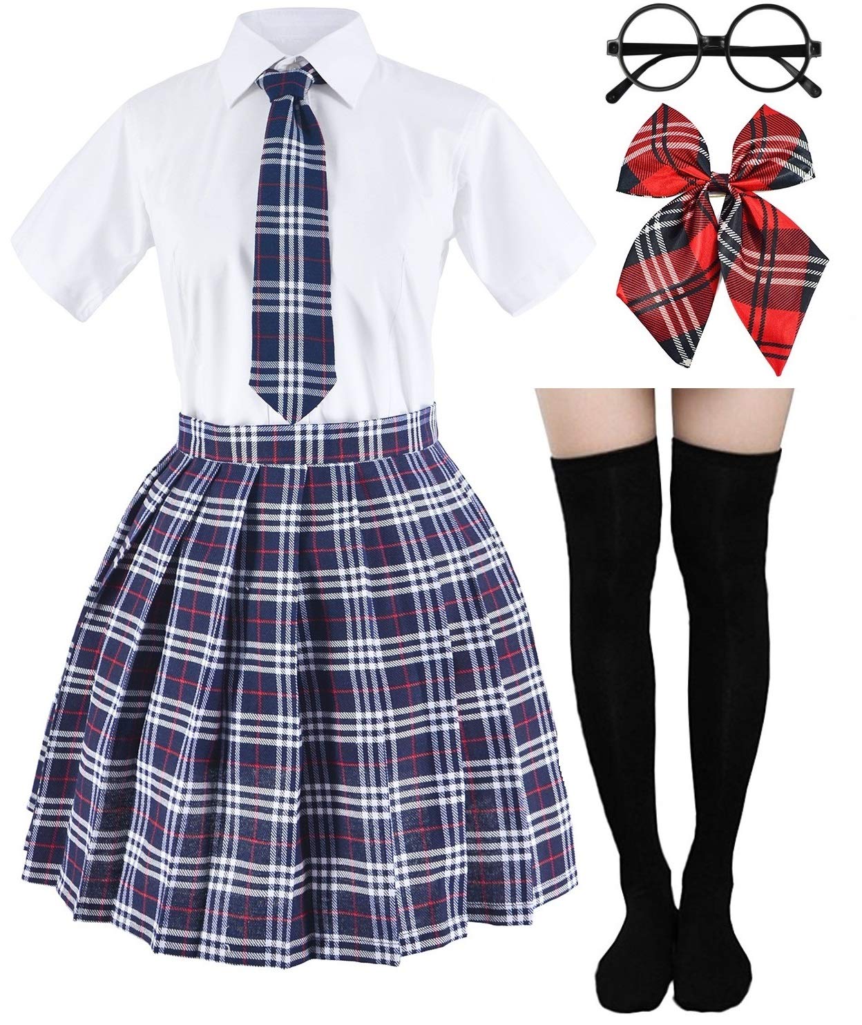Photo 1 of ***MISSING PARTS/ SEE NOTES *** Japanese Tartan Pleated School Uniform Cosplay Costumes with Socks Eyeglass Frame Set (Gray)(L = Asia XL)(SSF11)
