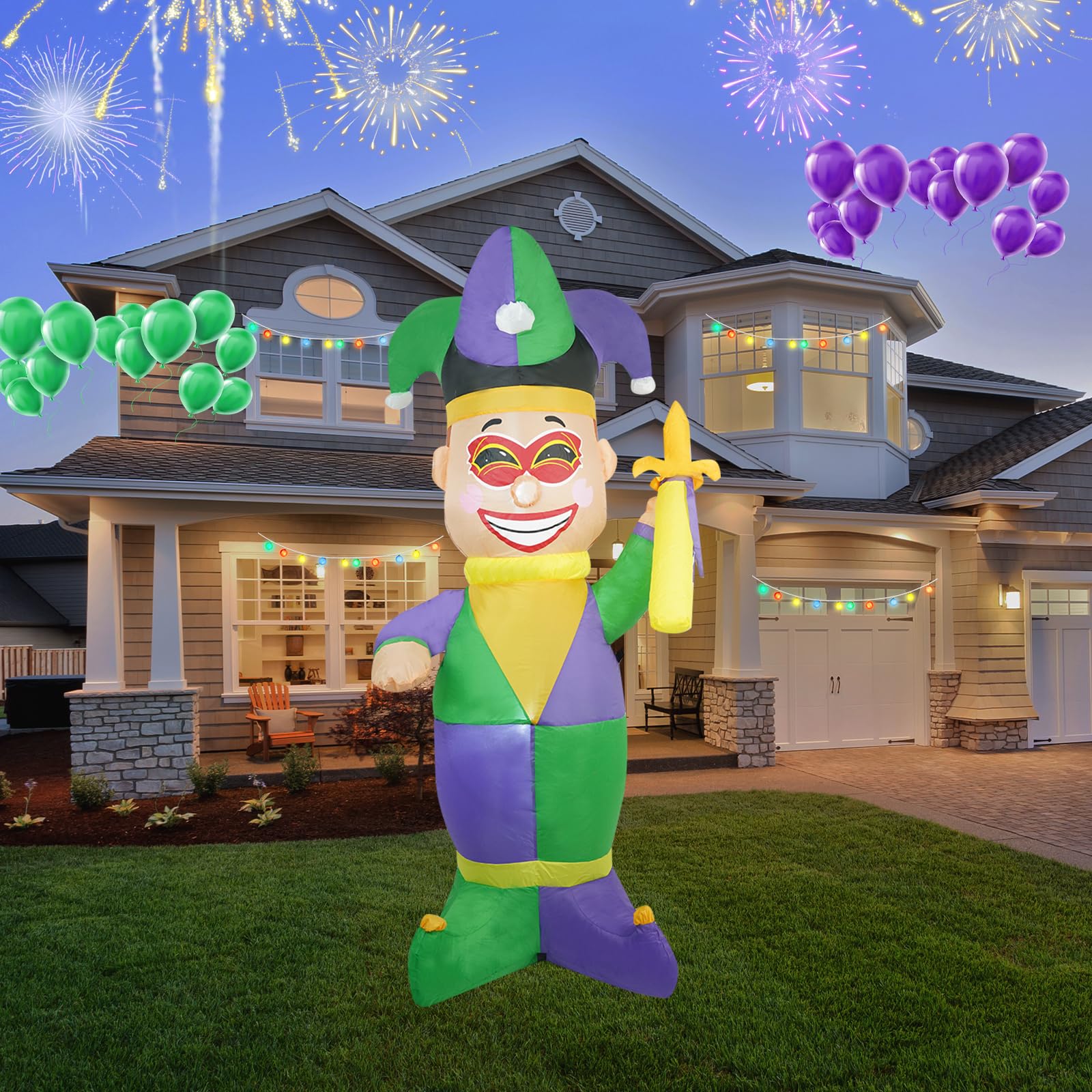 Photo 1 of [2025 New] 5FT Huge Clown Inflatable, Mardi Gras Inflatable Decoration Decorations, Build-in LED Lights,Mardi Gras Blow up Outdoor Yard Decorations for Party, Indoor Home Celebration Garden Lawn