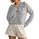 MISSACTIVER Women Ruffle Collar Cropped Cardigan Casual Lapel Button Down Sweaters Long Sleeve Open Front Knit Jacket