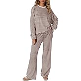Yanekop Womens Striped Lounge Set Long Sleeve Matching Sets Oversized Pajama Sets Striped Shirt Wide Leg Pants