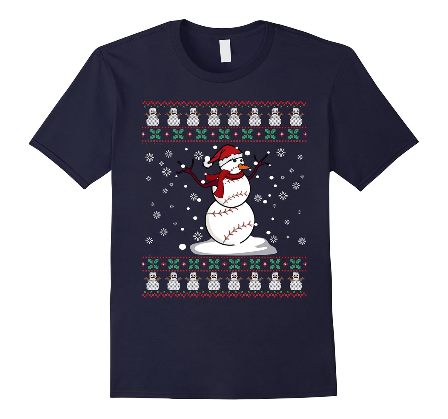 Funny Baseball Ball Snowman Santa Christmas Ugly Sweater Tee-ANZ