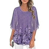Ninedaily Women's Tops 3/4 Sleeve Blouses Dressy Casual Double Layers Mesh Tunic Shirts