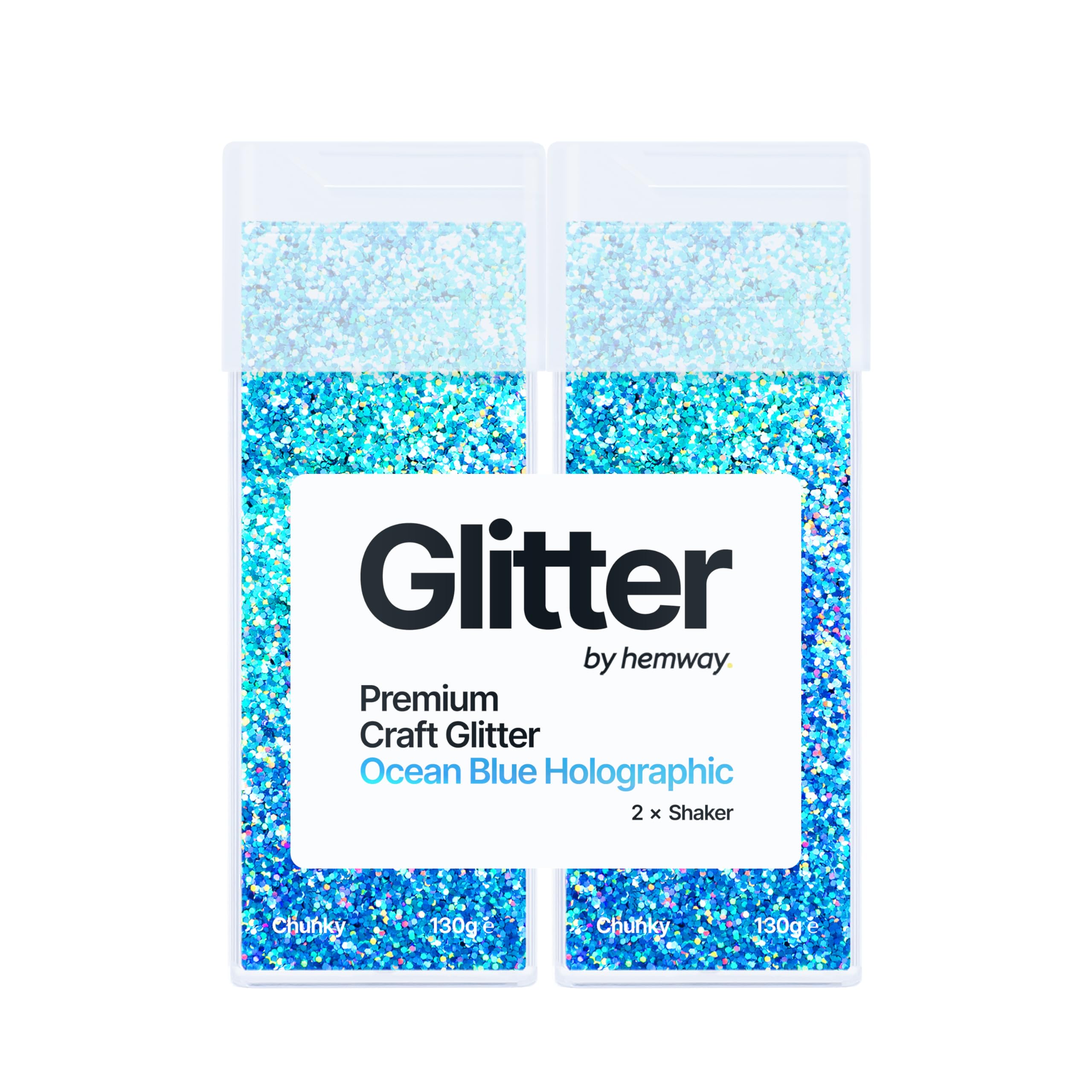 Hemway Glitter Shaker Ocean Blue Holographic 130g x2 Pack Chunky, Craft Glitter Shakers for Resin & Epoxy Crafts, Christmas Art Supplies, Nail, Body, Face, Eye, Festival, Crafting, Slime, Sparkle