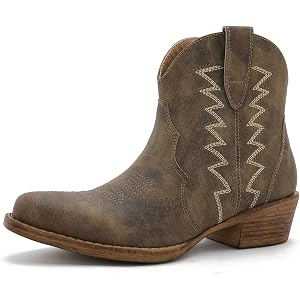 GLOBALWIN Women’s Ankle Cowboy Boots For Women Tapered Square Toe Brown Cowgirl Boots With Side Zipper, Low Chunky Heel Weste