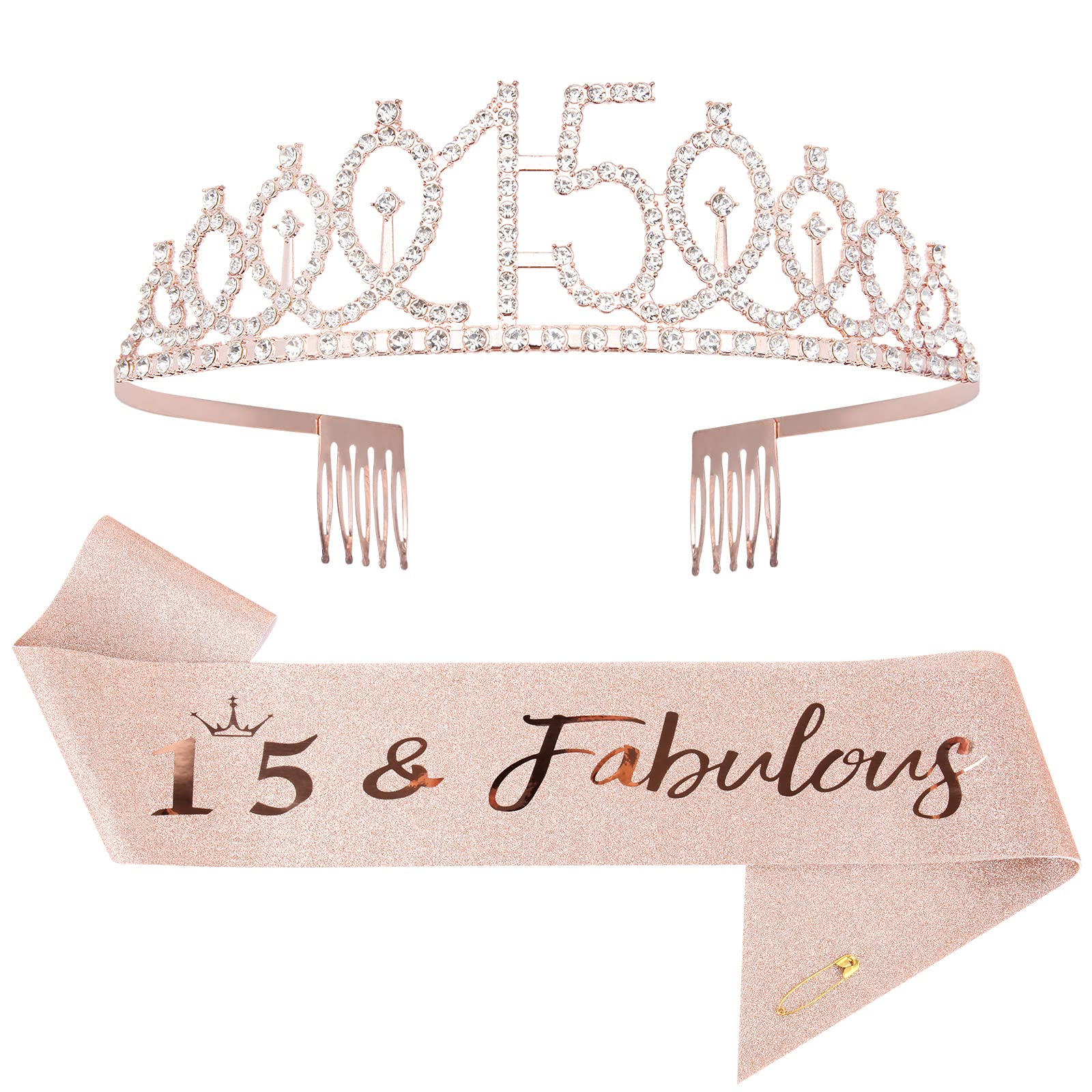 Mikccer Rose Gold 15th Birthday Sash and Tiara, Rhinestone Crown Headband for Girls' 15th Birthday Decoration Party Accessories