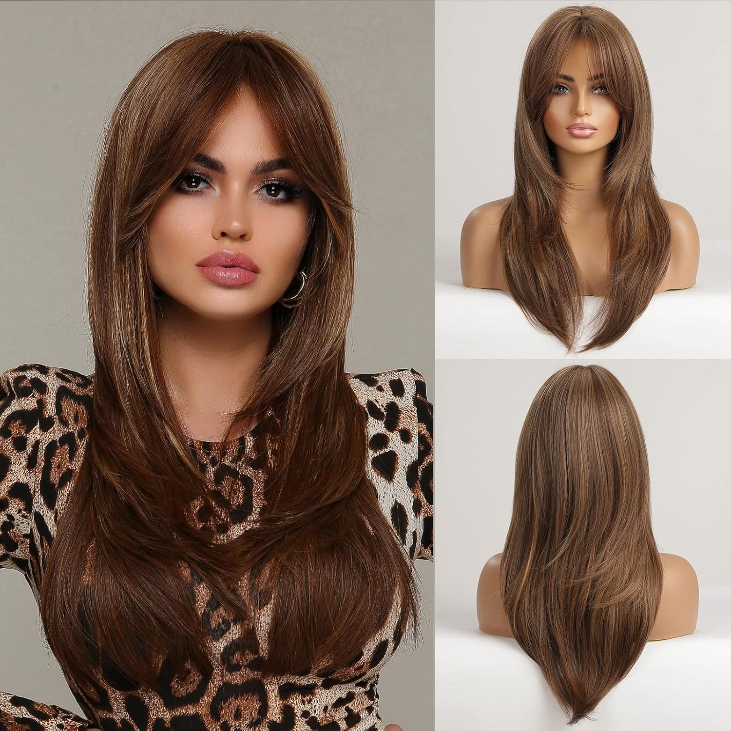 EMMOR Brown Wigs for Women,Long Layered Wigs with Curtain Bangs Heat Resistant Synthetic Fibre Wigs(Brown with Blonde Highlight)