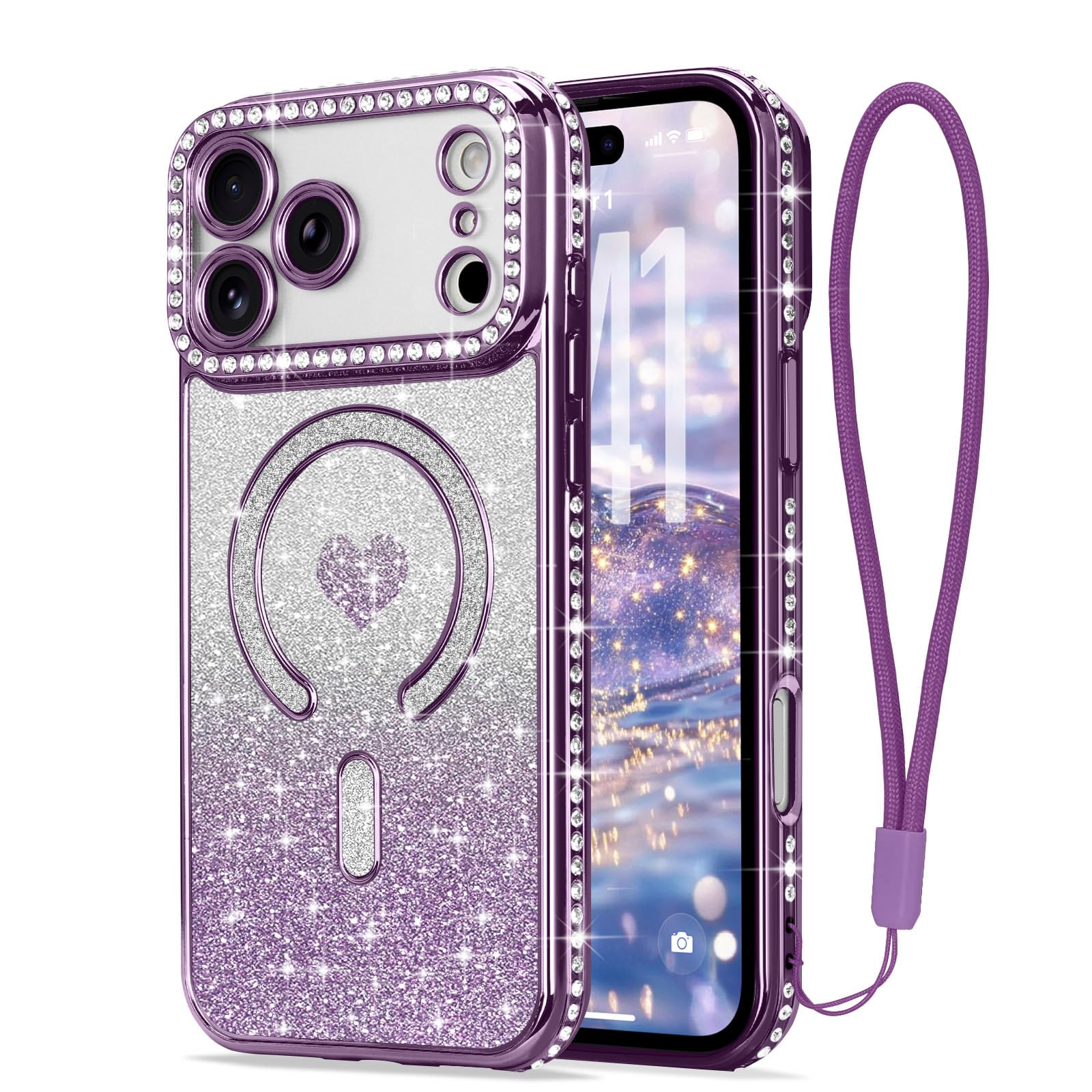 LAPOPNUT for iPhone 17 Pro Magnetic Case [Compatible with MagSafe][Glitter Card & Wrist Strap],Girls Women Bling Sparkle Rhinestone Diamond Raised Lens Protection Cover for iPhone 17 Pro 6.3",Purple