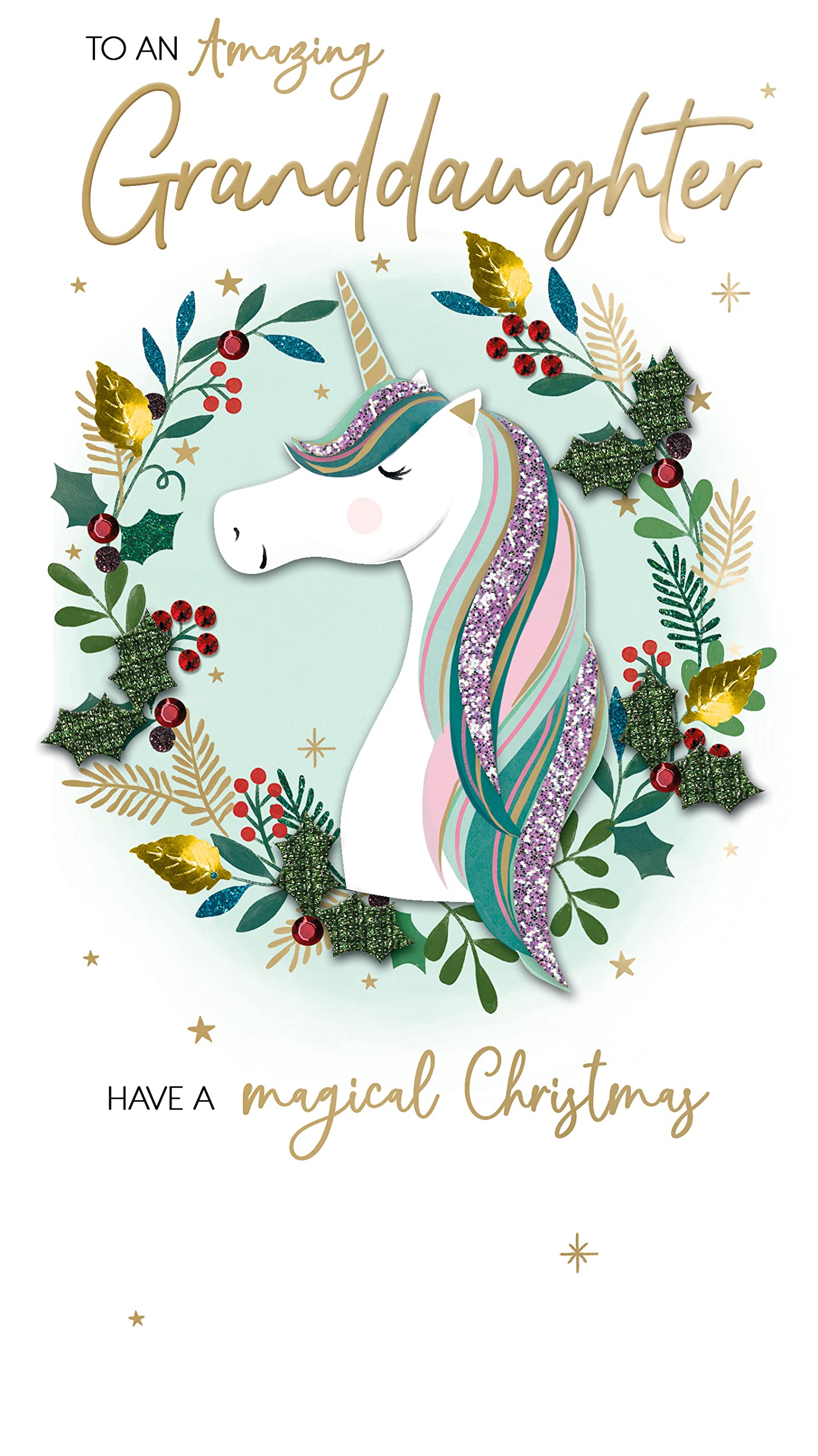 Granddaughter Unicorn Embellished Christmas Card Hand-Finished Champagne Cards XCDC371