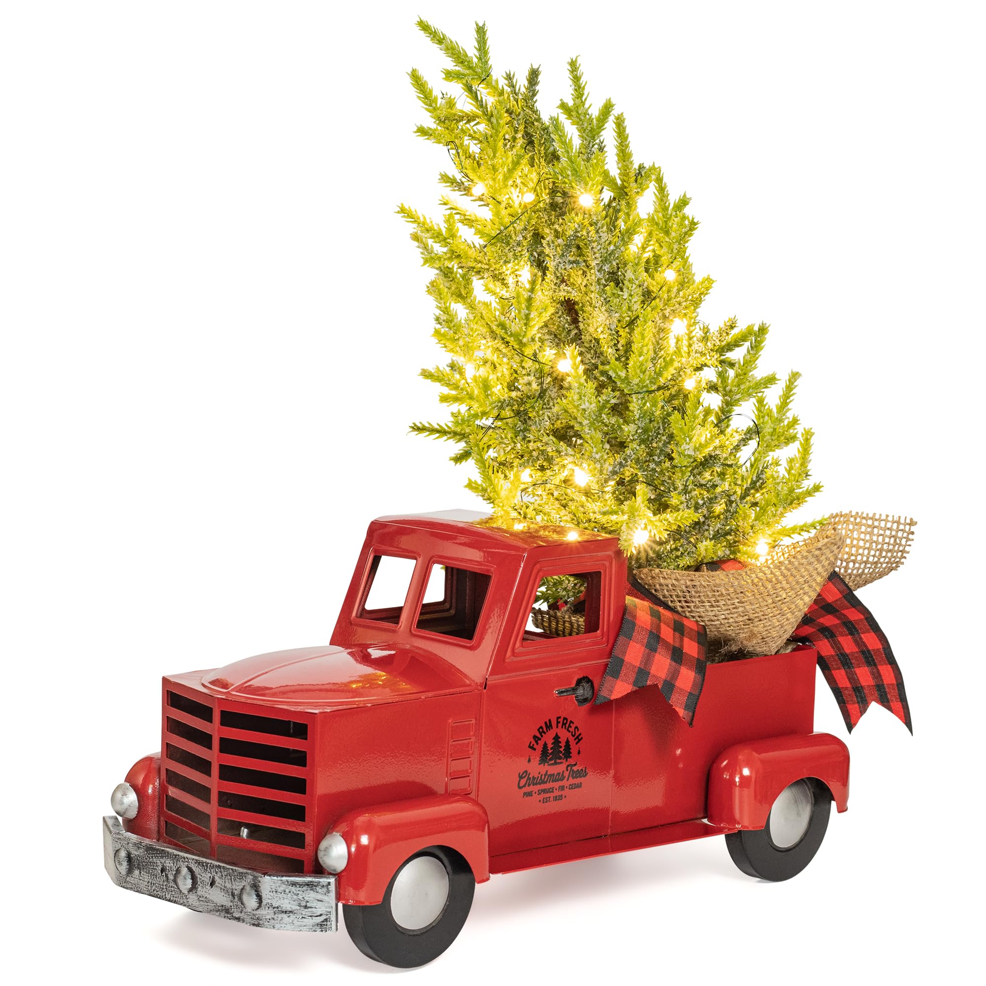 Photo 1 of ***Missing tree piece***KI Store Red Truck Christmas Decor with Lights Timer 12-Inch Vintage Metal Truck with Christmas Tree for Xmas Decoration Table Centerpieces