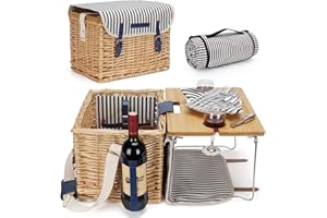 HAPPYPICNIC Wicker Picnic Basket for 2 Persons Picnic Kit, Willow Hamper Service Gift Set with Bamboo Wine Table for Camping and Outdoor Party