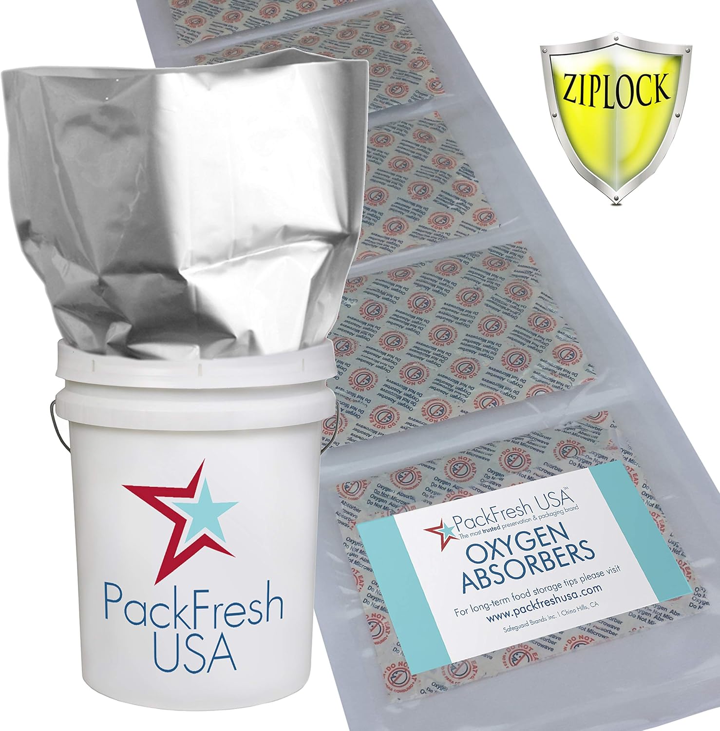 5 Gallon HD Ziplock Mylar bags with 2000cc Oxygen Absorbers Individually Sealed (6) with PackFreshUSA LTFS Guide