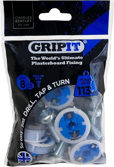 Gripit Blue Heavy-Duty Plasterboard Fixings Pack of 8 - Holds 113kg UK Designed