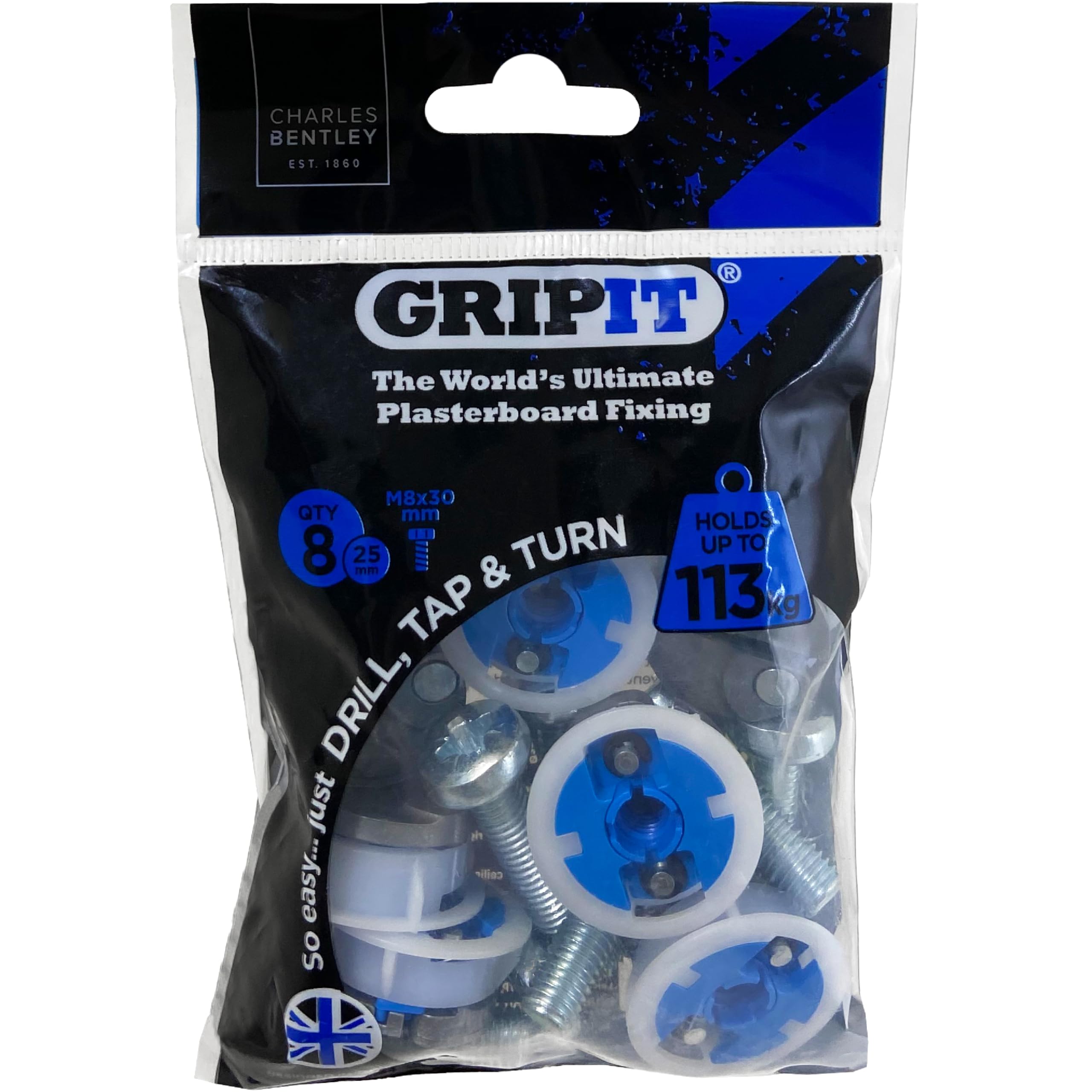 Gripit Blue Heavy-Duty Plasterboard Fixings - Reusable Drywall Fixings - Pack of 8 - Holds Up to 113kg - Easy to Install Drywall Anchor for TV, Stud Walls, Kitchen Units & Boilers – UK Designed