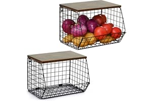 Wetheny 2pcs Fruit Basket Onion Storage Wire Basket with Wood Top- Wall Mounted & Stackable Kitchen Counter Organizer,Cabinet