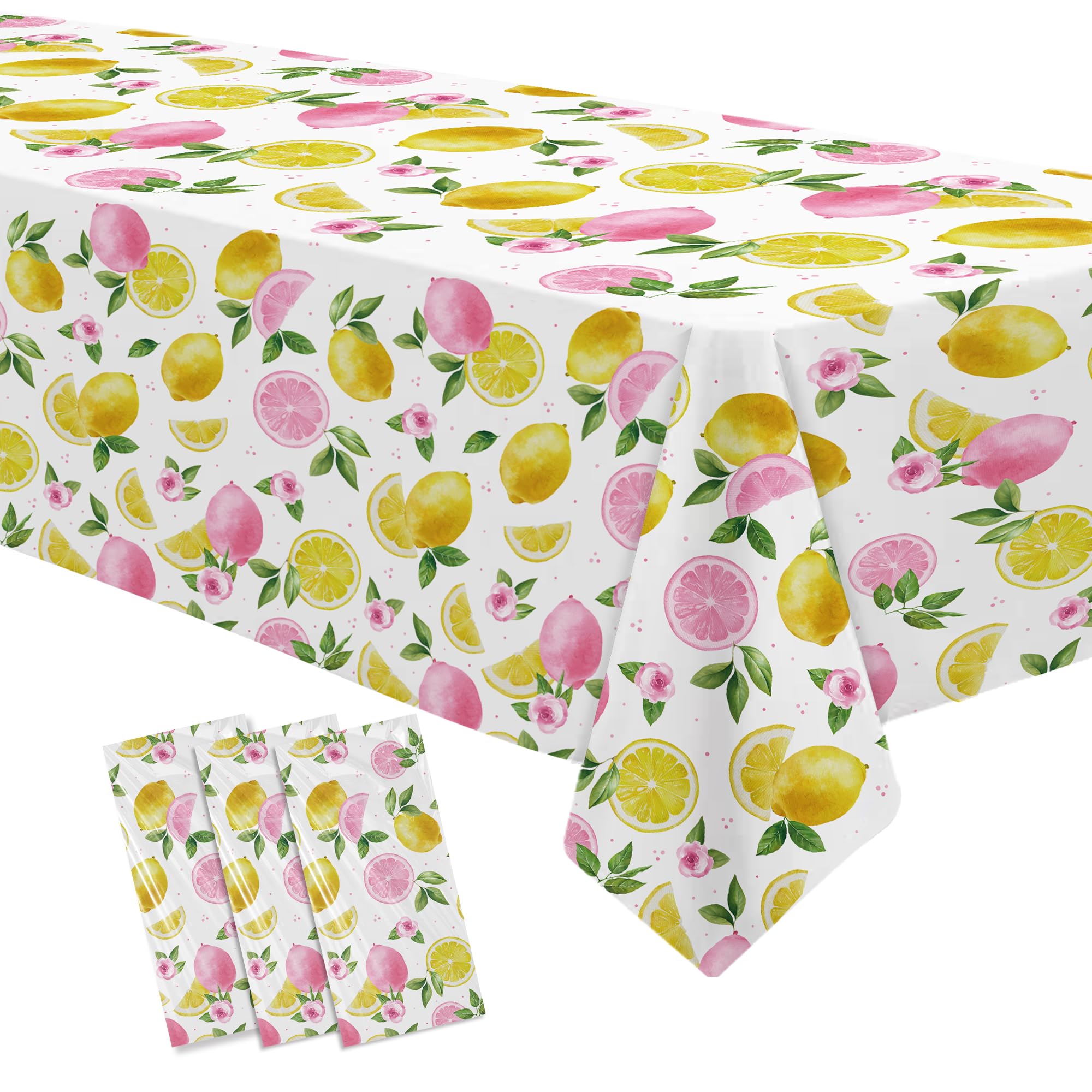 Photo 1 of Suhelkit Lemon Party Decorations Tablecloth for Girls Birthday Baby Shower Bridal Shower, 3 Pack Disposable Summer Pink Lemon Birthday Party Supplies Table Cover, 55in x 86in