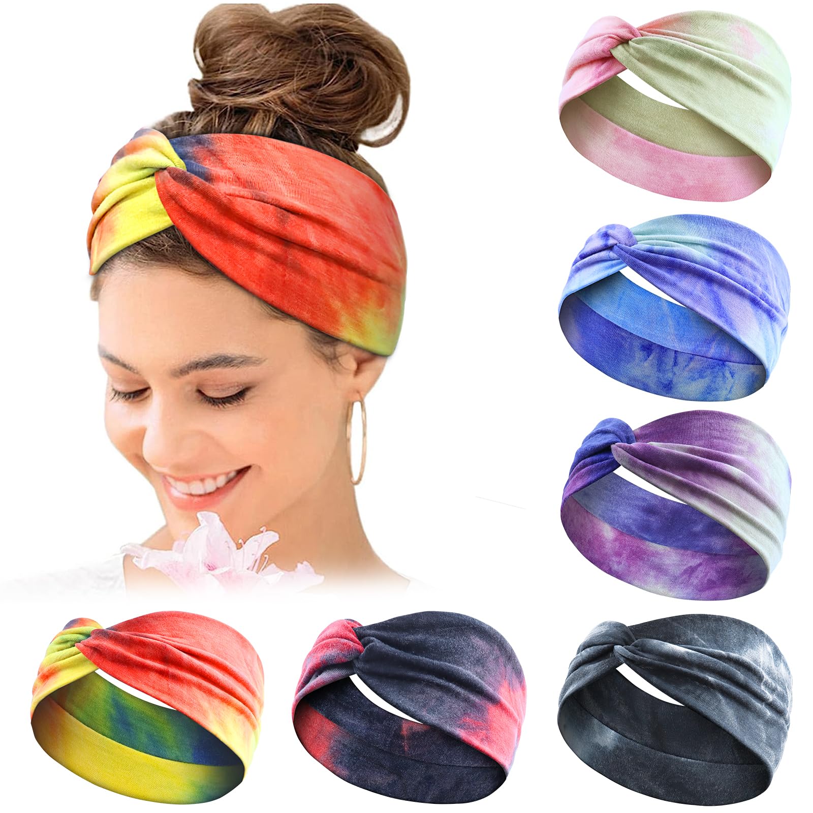 Women's Hair Bands Wide Elastic Soft 6 Pieces Summer Boho Headband Print Hair Accessories Yoga Sports Hairband Multicoloured Thin Headbands (Tie-Dye B) — image 1