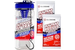 BUGBANE Fly Traps Outdoor Fly Trap for Patio with 2 Non-Toxic Dissolvable Bait Refills. Reusable Hanging Bug Catcher Killer for All Filth Flies for Outside Bug Control Yard Ranch. Hanging Chains Included