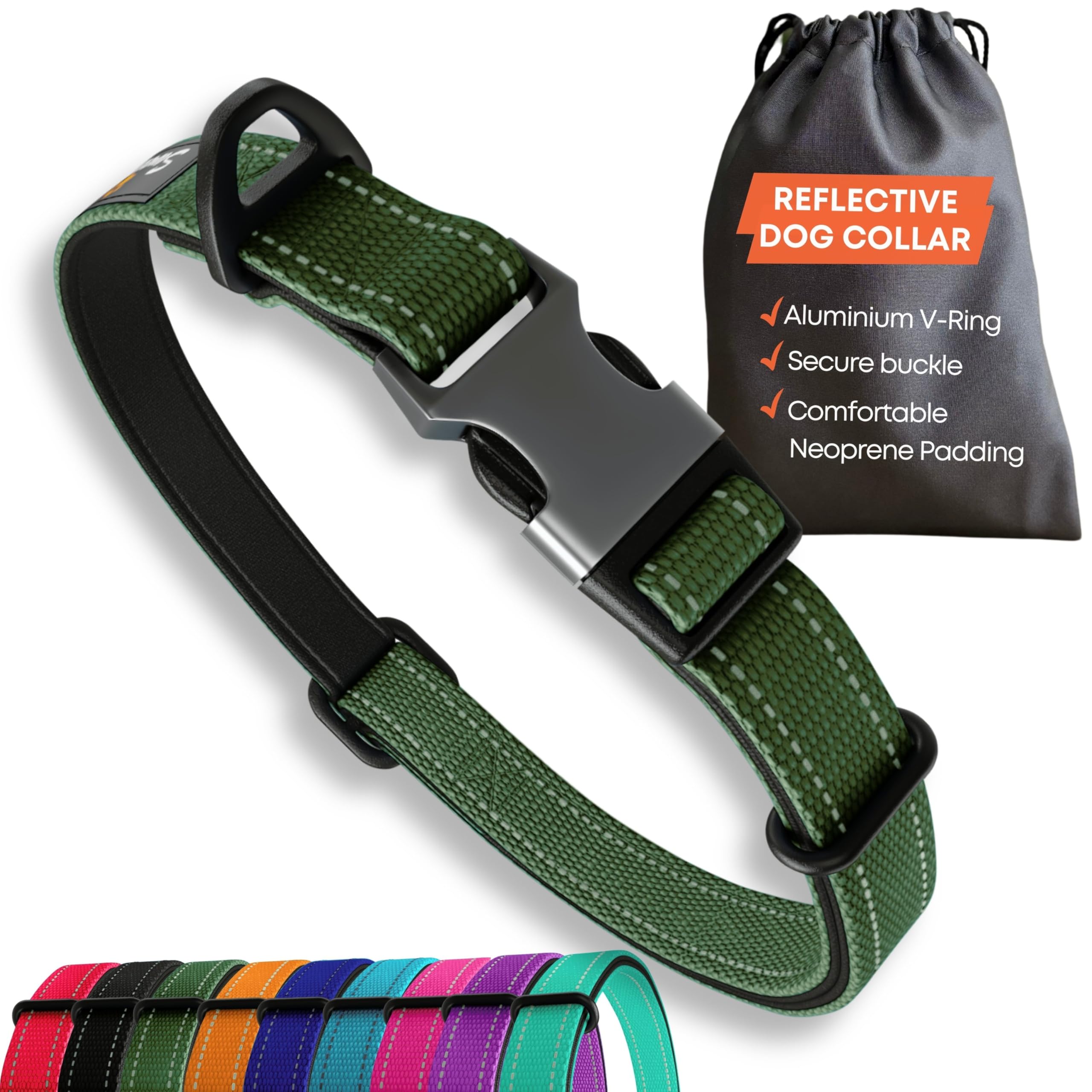 Strong Dog Collar Large Dogs – Green Reflective Adjustable Padded Dogs Collars - Metal Buckle, Aluminium V-ring, Dog Safety