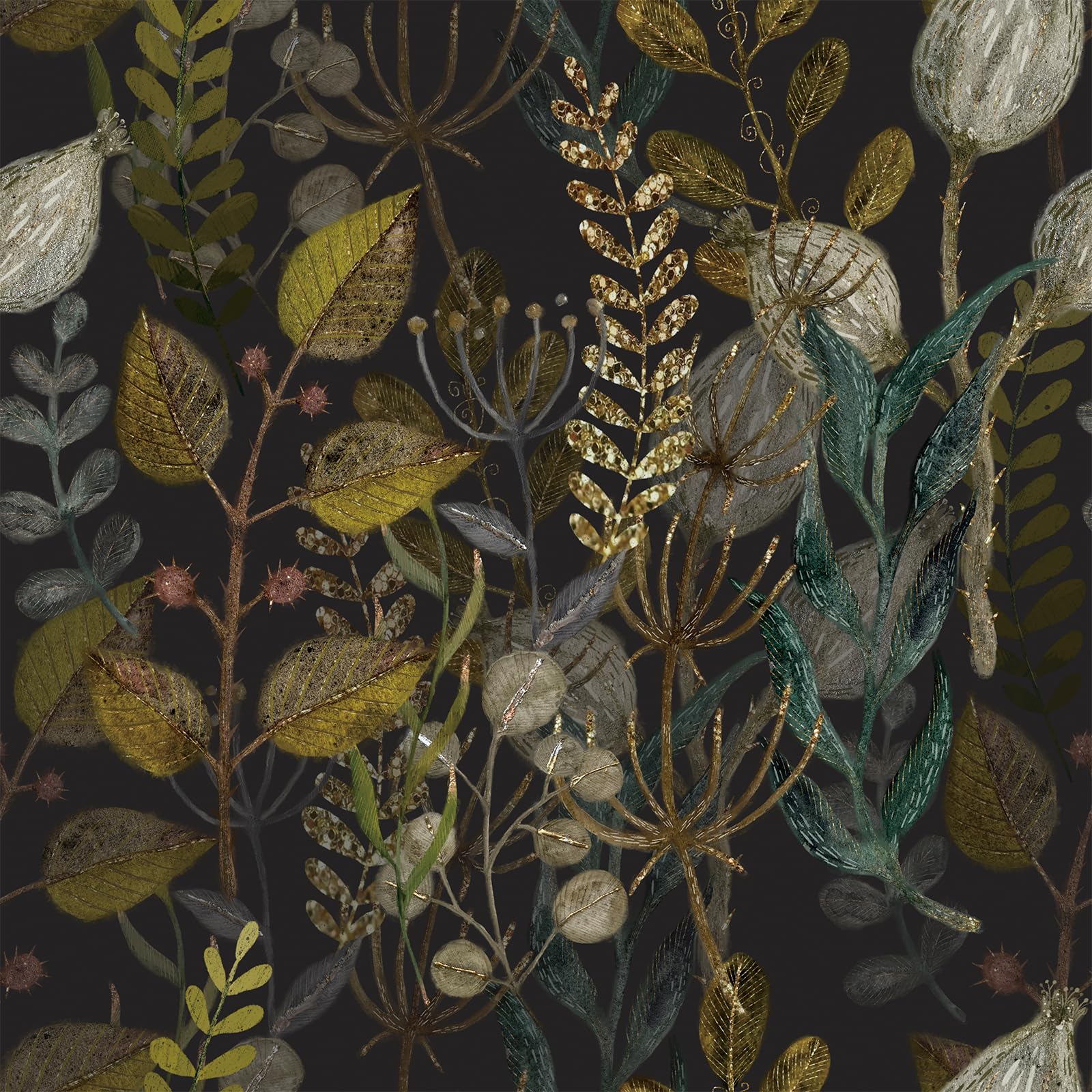 Photo 1 of Livelynine Green and Gold Floral Wall Paper Vintage Botanical Peel and Stick Wallpaper Murals for Bedroom Renter Friendly Dark Botanical Herbs Contact Paper for Kitchen Cabinets Shelf Liner 17.5x78.8