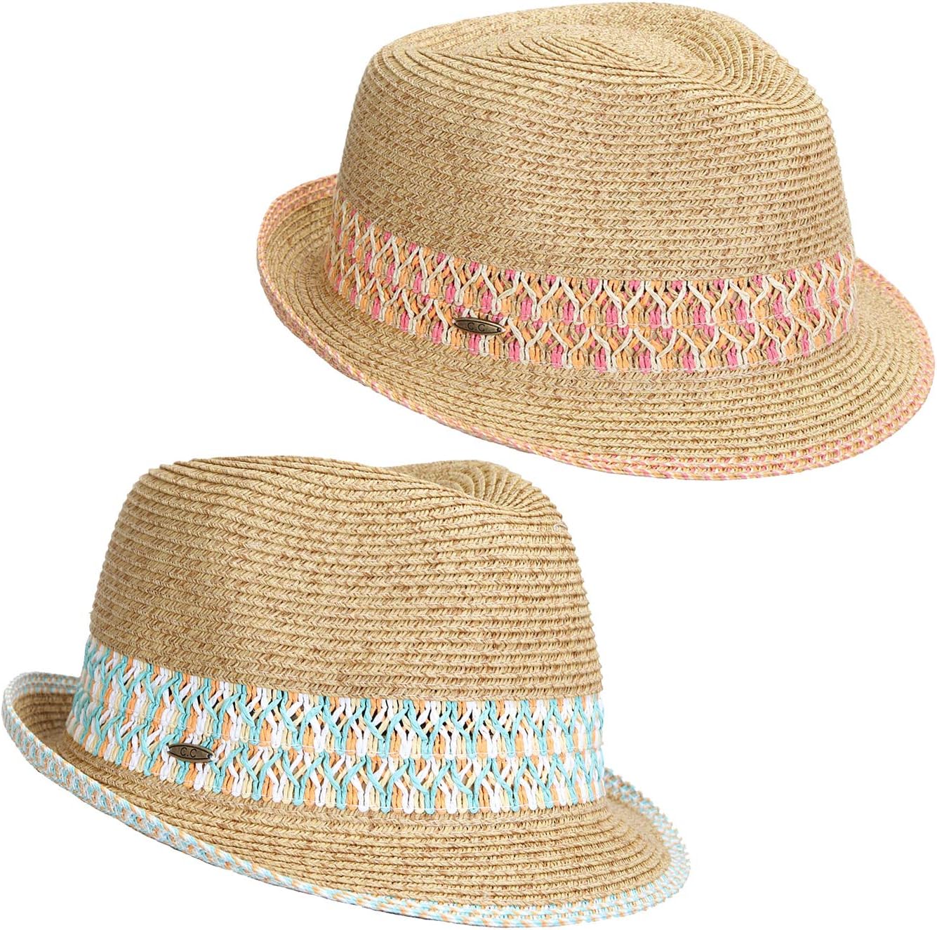 UPF50+ Womens Adjustable Multicolor Woven Pattern Short Brim Fedora Hat