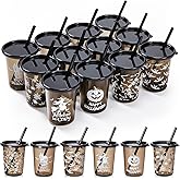 Nuanchu 24 Pcs Halloween Cups for Kids Plastic Tumbler with Lids and Straws 10 Oz Reusable Toddler Cups for Happy Halloween Party Gift Supplies(Dark)