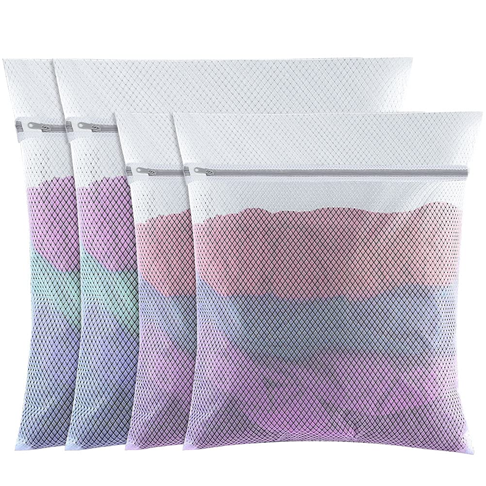 4 PCS Mesh Laundry Wash Bag, 60x50cm/50x40cm Large Fine Laundry Bags with Zips Reusable Washing Machine Wash Bag for Clothes, Socks, Underwear, Bra (L+M, White)