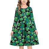 Girl's St Patrick's Day Clover Print Irish Shamrock Long Sleeve A-line Midi Dress 4-14 Years