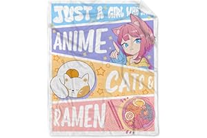 AIBILEEN Anime Blanket Gifts for Girls Kawaii Anime Decor for Women Just A Girl Who Loves Anime Cats and Ramen Flannel Blanket Anime Lover Stuff, Luxurious Warm and Cozy for S 40X50 Inch for Kids/Child