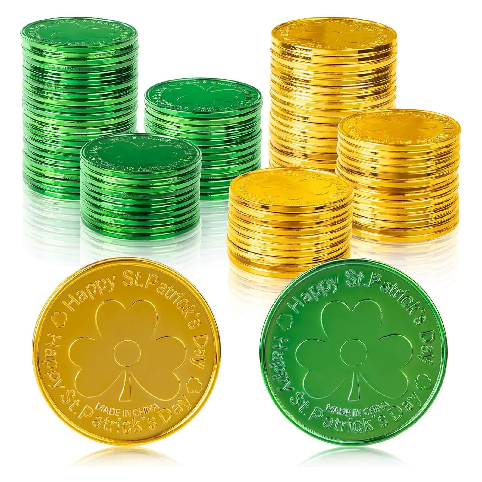 Flankor 70Pcs St Patricks Day Gold Coins, Shamrock Plastic Lucky Coin, St Patricks Day Accessories, St Patrick's Day Decorations for Home
