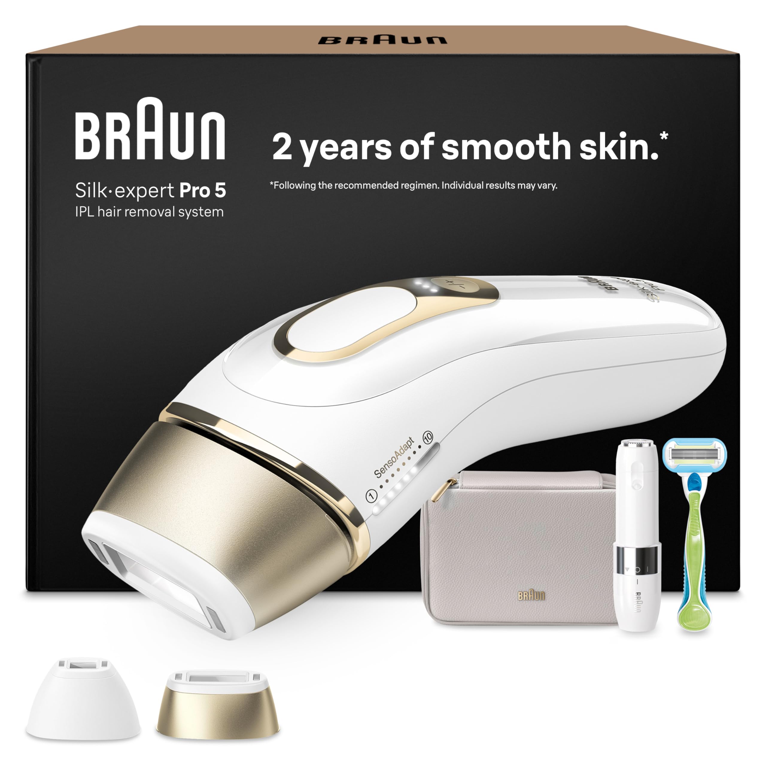 Braun IPL Silk·expert Pro 5 – IPL Geräte Haarentfernung, Dauerhafte und Schmerzfreie Haarentfernung für Zuhause – inkl. Etui, Venus Rasierer, 2 Aufsätze, Designed In Germany – PL5156, Weiß/Gold