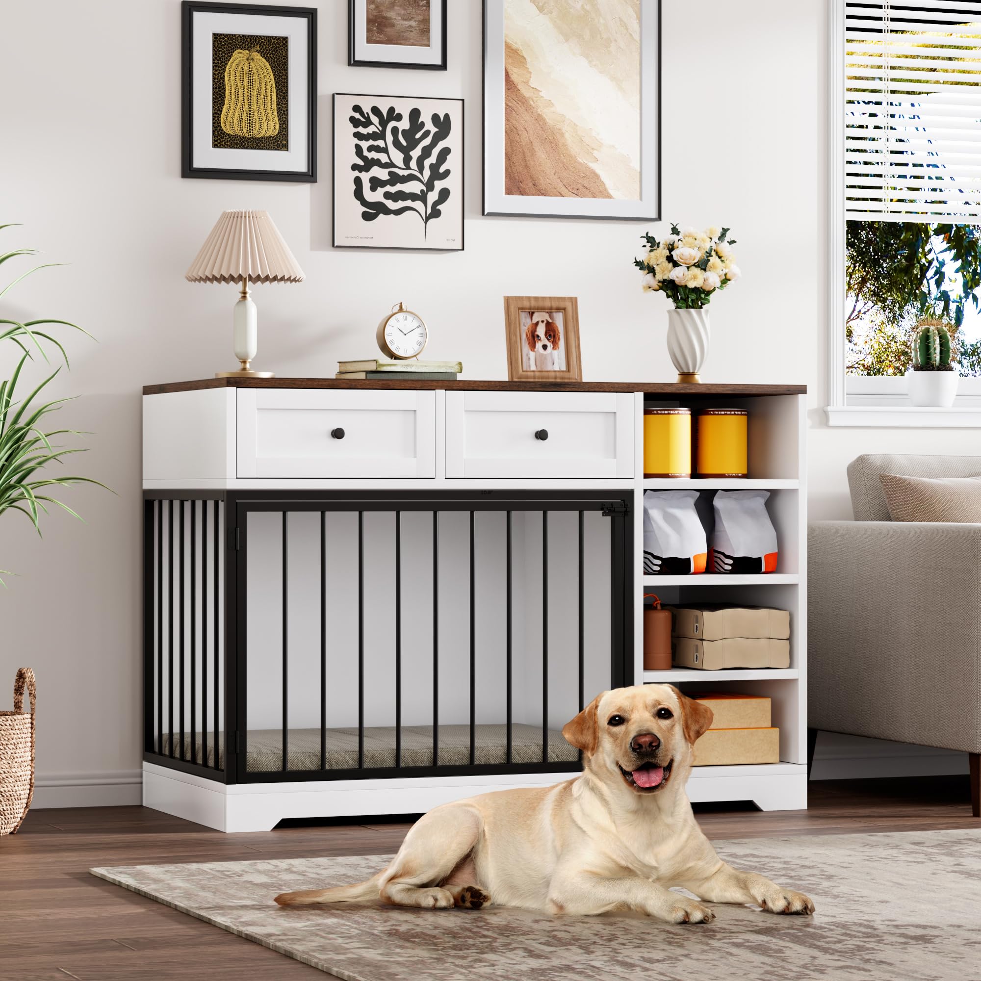 Photo 1 of Dog Crate Furniture 47”, Large Dog Crate TV Stand with 2 Drawers and 4 Shelves, Wooden Dog Kennel Indoor, Decorative Dog Cage with Storage for Large Dogs, White