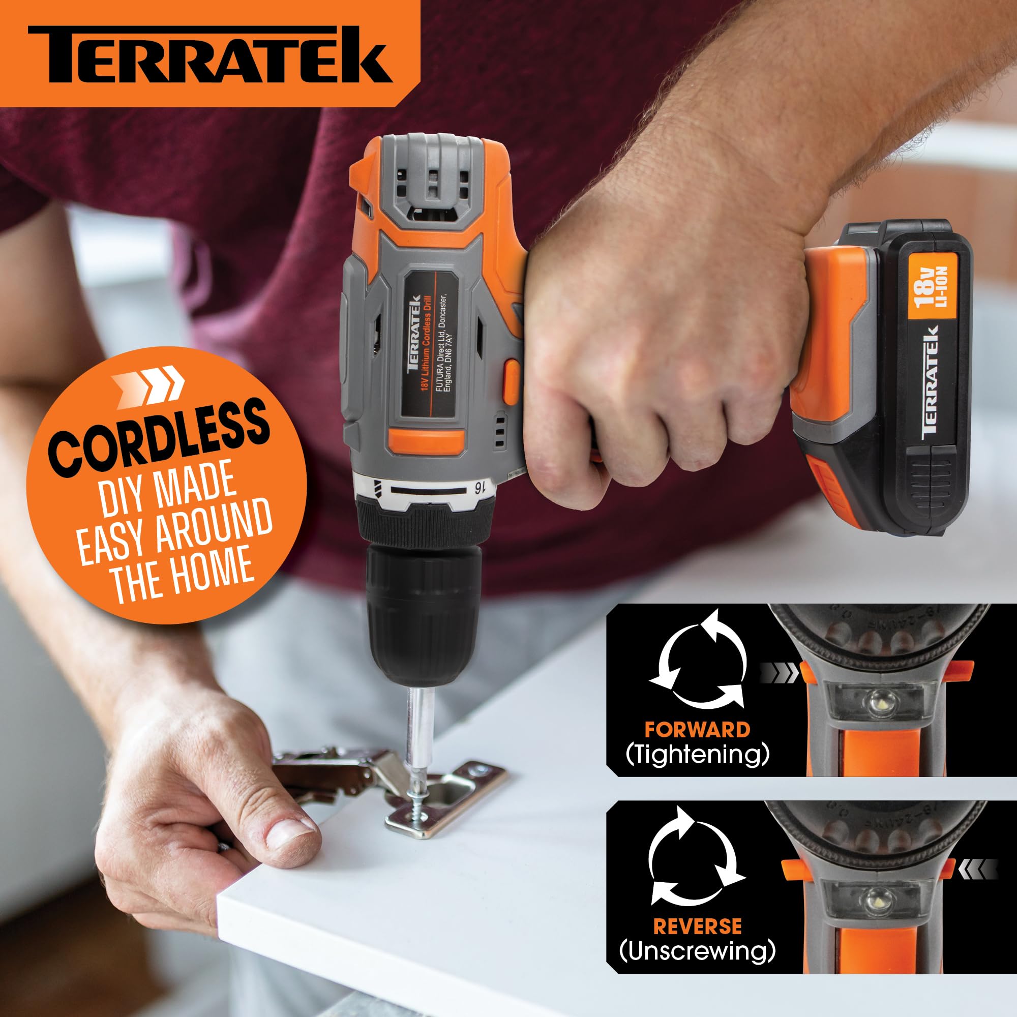 Terratek Cordless Drill Driver 18V Lithium-Ion, 13Pc Electric Screwdriver Set, LED Work Light, Electric Drill Quick Change Power Drill Battery and Charger Included