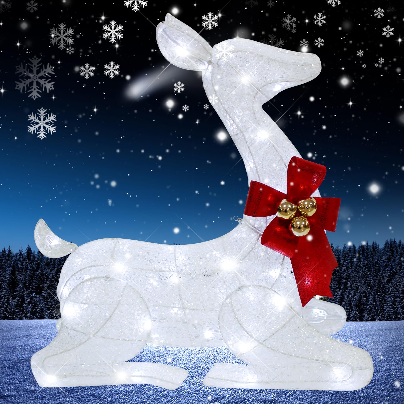 Photo 1 of 27" Christmas Deer Outdoor Decoration with Lights,3D Lighted-up Xmas White Reindeer with Red Bow and Bell Christmas Ornament,Kneeling Deer Perfect for Lawn Porch Indoor Outdoor Holiday Decor
