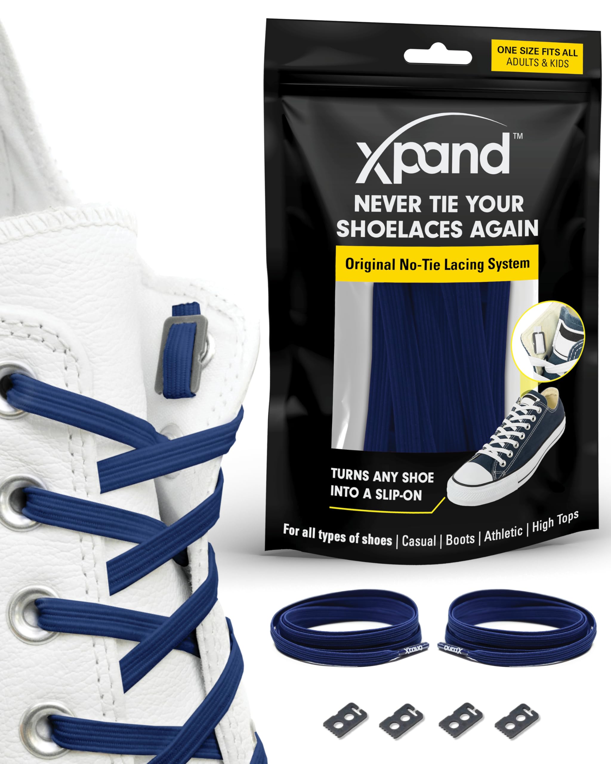 Xpand® No Tie Shoelaces - Flat Elastic Laces with Adjustable Tension - Slip-on Any Shoes (Navy Blue)