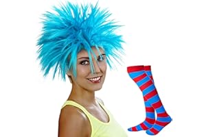 CY2SIDE Funky Cosplay Pack with Blue Wig and Striped Socks, Funky Blue Fuzzy Wig, Faux Crazy Costume Unisex Wig, Blue Fuzzy Costume Wig for Adults, Extra Long Socks Over Knee High Opaque Stockings