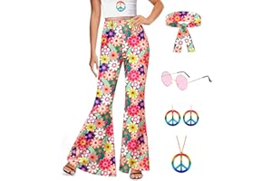 For G and PL Women's Halloween 5 Pcs Hippie Costume Pants Floral Bell Bottom Outfits