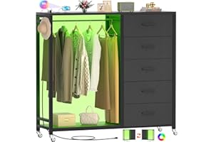 Cyclysio Dresser with Hanging Rack, 5 Fabric Drawers Dresser with Clothes Rack, Wooden Top Storage Chest of Drawers with Charging Station & LED Lights, Lockable Wheels, Closet