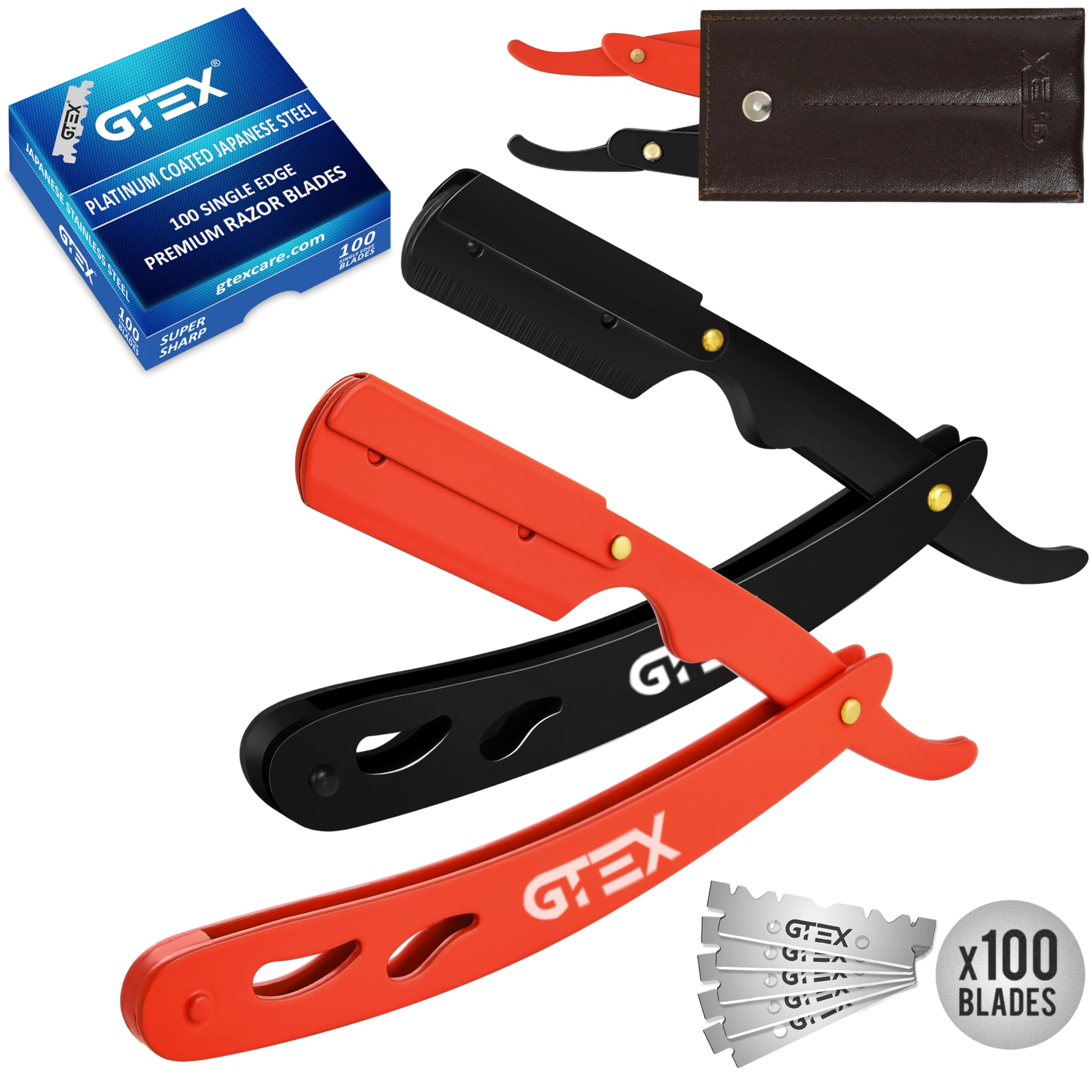 Photo 1 of 2 Straight Razor For Men (Red Black), 100 GTEX Premium Blades (Japanese Steel) - 2Pack Straight Edge Razor 100 Platinum Razor Blade - Navajas Para Barbero - Barber Razor For Men, Beard Razors